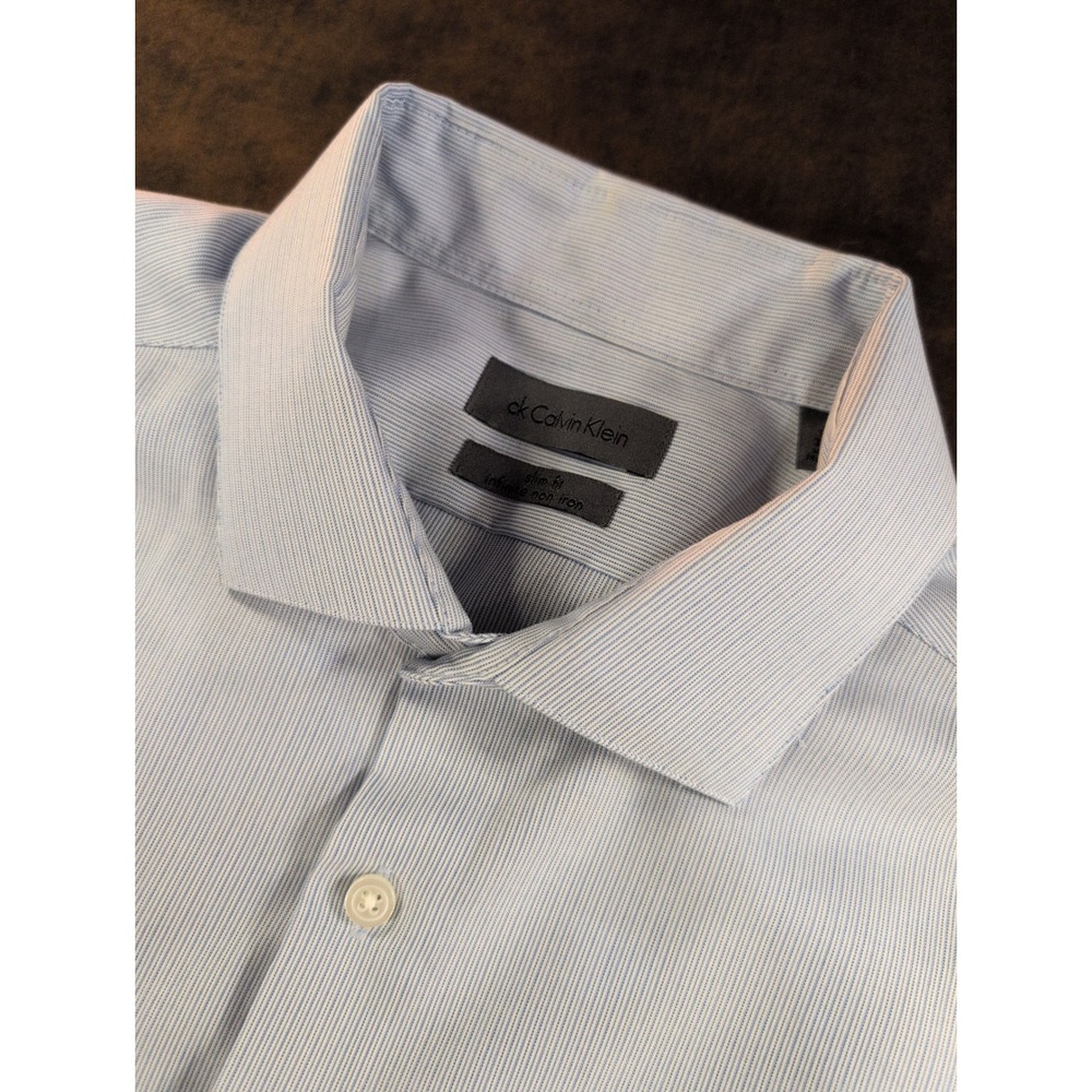 Calvin Klein Mens Slim Fit Infinite Non Iron Micro Stripe Dress Shirt Blue 16.5
